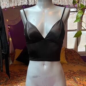 Y2K black silky satin padded bralette crop cami tank top
